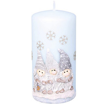 Dekoratívna stĺpová sviečka s motívom trpaslíkov a snehových vločiek