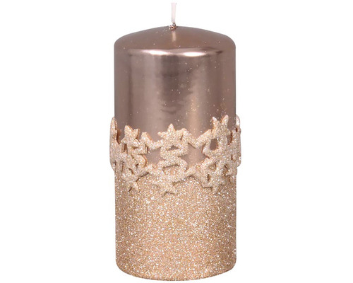 Vianočná sviečka Ice Star valec Ø7x14 cm ružovo-zlatá Dekoratívna stĺpová sviečka s trblietkami a vzorom snehových vločiek