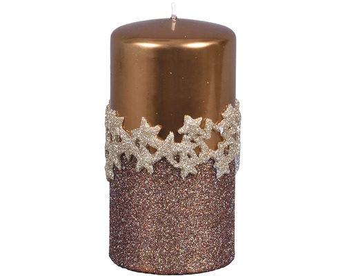 Vianočná sviečka valec Ice Star Ø7x14 cm medená Dekoratívna stĺpová sviečka s trblietkami