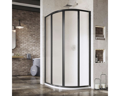 Elegantná kúpeľňa so sprchovacím kútom s mliečnym sklom a tmavým rámom