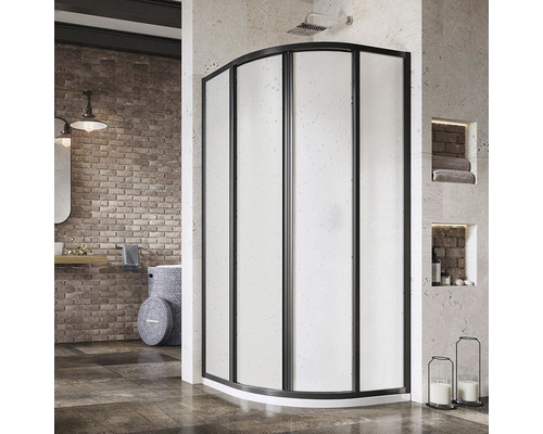 Sprchovací kút s čiernym rámom a mliečnym sklom v kúpeľni