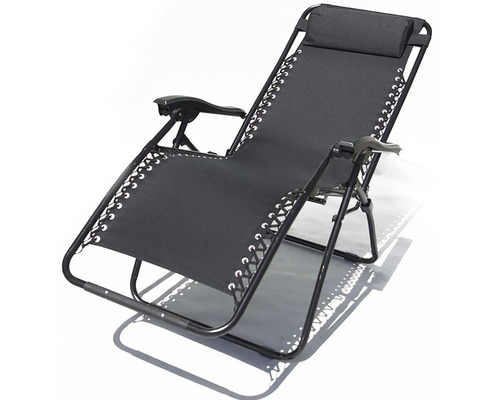 Čierne relaxačné kreslo s vankúšom pod hlavu na vonkajšie použitie