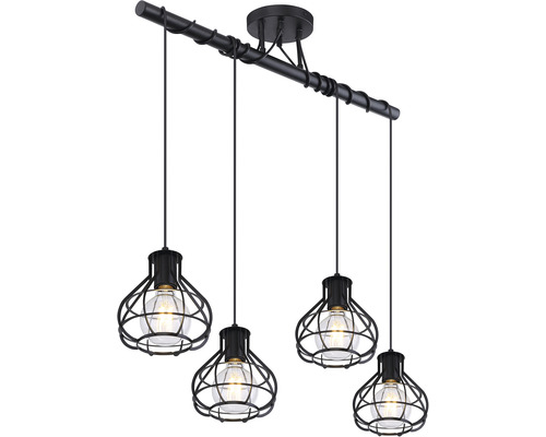 Čierna závesná lampa so štyrmi svetlami a klietkovým dizajnom
