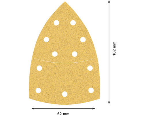 Trojuholníkový brúsny papier s otvormi, výška 102 mm a šírka 62 mm