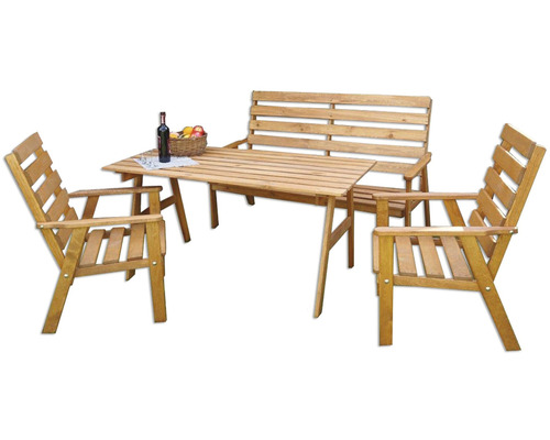Drevený záhradný nábytok so stolom, lavicou a stoličkami