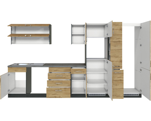 Kuchynská linka s drezom, zásuvkami a otvorenými skrinkami