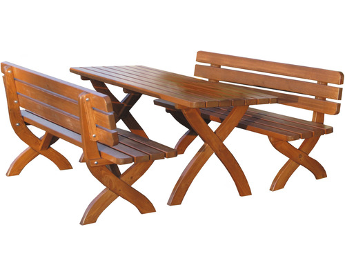 Záhradný stôl z dreva s dvoma lavicami