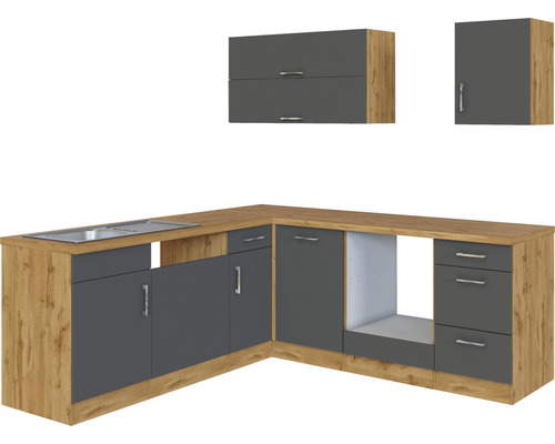 Kuchynská linka s drezom, spodnými skrinkami a hornými skrinkami vo vzhľade dreva a sivej farbe