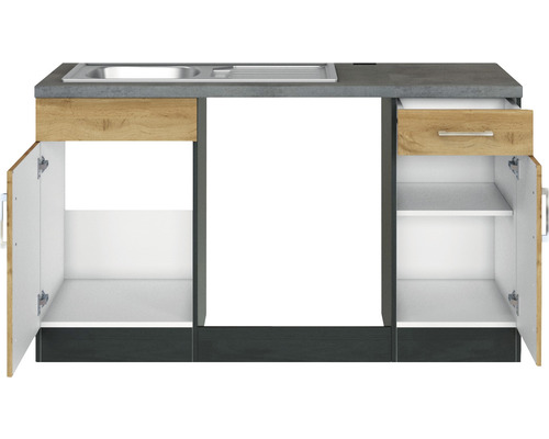 Kuchynský drez so spodnou skrinkou, zásuvkou a otvorenými dvierkami