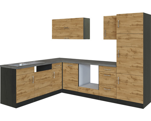 Vstavaná kuchyňa s drezom, spodnými skrinkami a závesnými skrinkami vo vzhľade dreva