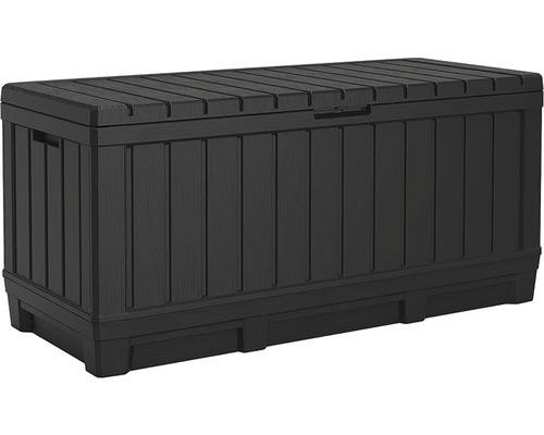 Čierny plastový úložný box s vekom na vonkajšie použitie.