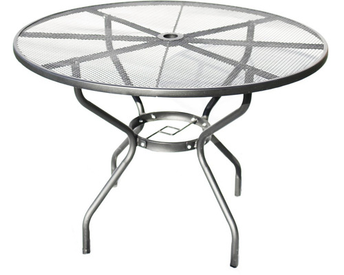 Okrúhly záhradný stôl s kovovou mriežkovou doskou a štvornožným podstavcom