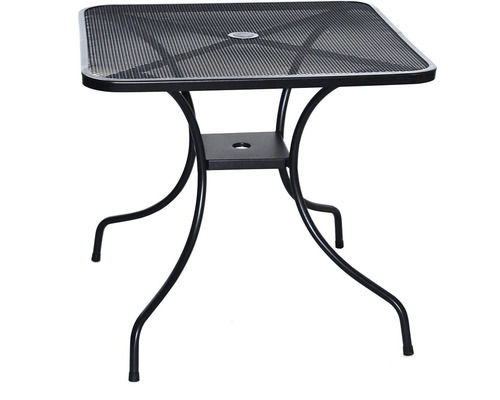 Štvorcový záhradný stôl z kovu s otvorom pre slnečník