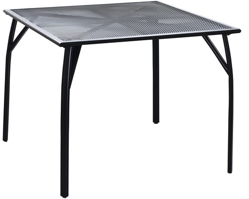 Štvorcový záhradný stôl s kovovou mriežkovou doskou a štyrmi nohami.