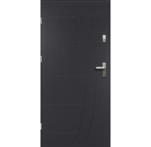 Sivé vchodové dvere s kľučkou a ozdobnými drážkami