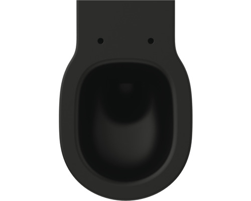 Pohľad zhora na čiernu keramickú závesnú toaletu.