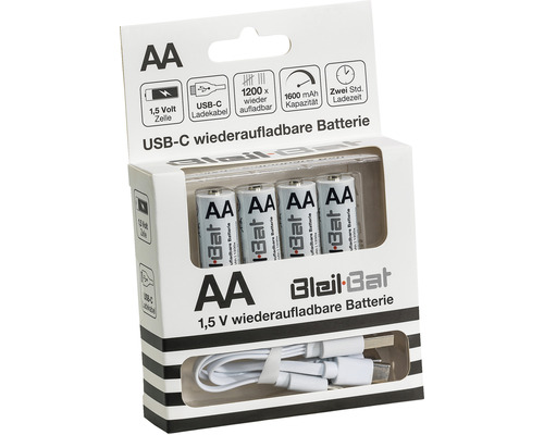 Balenie štyroch nabíjateľných batérií AA s nabíjacím káblom USB-C