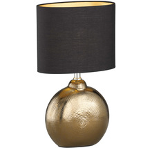 Stolná lampa s okrúhlou, vzorovanou základňou a čiernym tienidlom