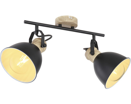 Stropné svietidlo s dvoma bodovými svetlami z dreva a kovu