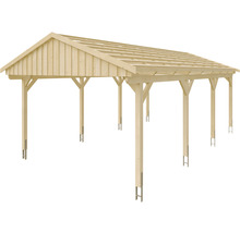 Drevený carport so sedlovou strechou a oceľovými podperami