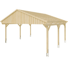 Drevený carport so sedlovou strechou a šiestimi stĺpikmi