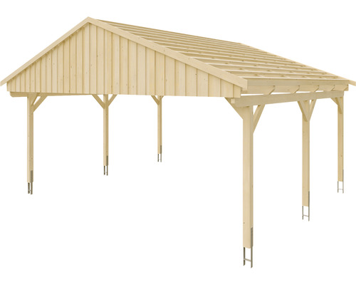Drevený carport so sedlovou strechou a šiestimi stĺpikmi