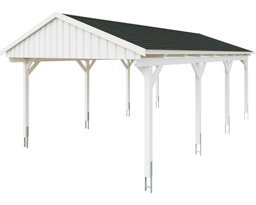 Biely drevený prístrešok pre auto so strechou