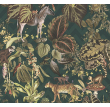 Tapeta s motívom džungle so zebrou, opicami, leopardom a tropickými rastlinami