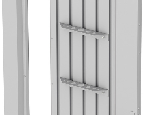 Náraďový držiak pre domčeky Biohort Neo 2 ks strieborný metalický Detailný pohľad na záhradný domček s dvoma držiakmi políc.