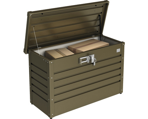 Otvorený kovový záhradný box s dvoma kartónmi