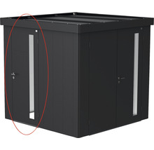 Kovová záhradná chatka s dverami a oknom