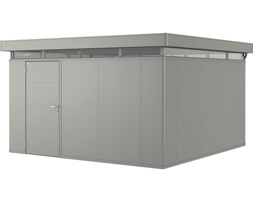 Plechový záhradný domček Biohort CasaNova 4x4 levé dvere 400x400 cm sivý kremeň metalický Záhradná skriňa s dverami a oknami v hornej časti