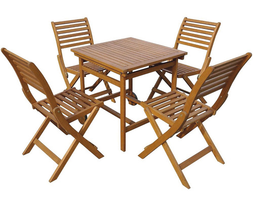 Štvorcový drevený stôl so štyrmi drevenými skladacími stoličkami
