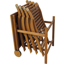 Stohovateľné drevené skladacie stoličky s prepravným vozíkom do záhrady