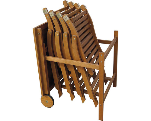 Stohovateľné drevené skladacie stoličky s prepravným vozíkom do záhrady