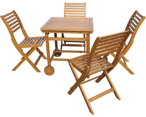 Záhradná stolová súprava so štyrmi skladacími stoličkami a stolom na kolieskach