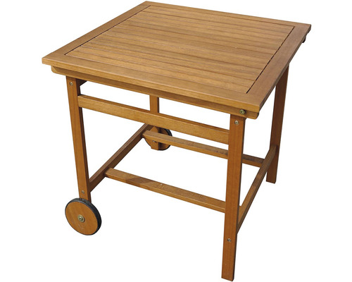 Štvorcový drevený odkladací stolík s kolieskami pre vonkajšie použitie