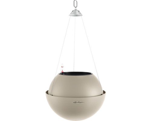 Závesný okrúhly kvetináč so zavlažovacím systémom.