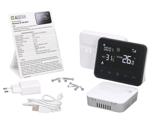 Bezdrôtový termostat Aluzan Wireless B-100 WiFi s návodom na obsluhu, napájacím zdrojom, USB káblom a montážnym materiálom