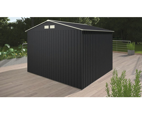 Kovová záhradná búda s pultovou strechou na uloženie záhradného náradia a nástrojov