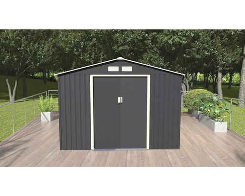 Kovová záhradná búda s dvojkrídlovými dverami v záhrade