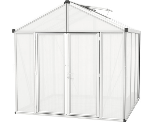 Záhradný skleník s dvojkrídlovými dverami a strešným oknom