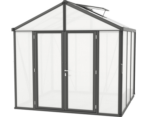 Skleník s dvojkrídlovými dverami a strešným oknom na záhradníctvo