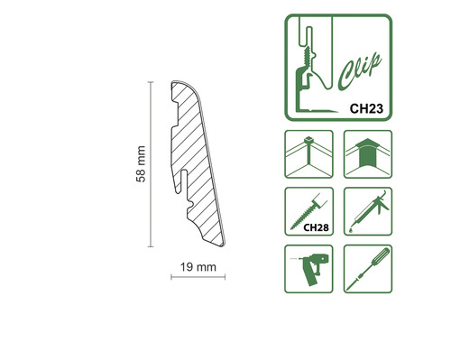 Profilová lišta, prierez s rozmermi a montážnymi pokynmi