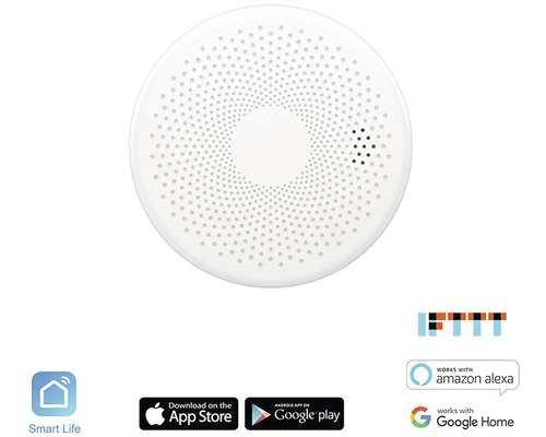 Okrúhly, biely detektor vody s otvormi a podpornými logami pre Smart Life, Amazon Alexa a Google Home