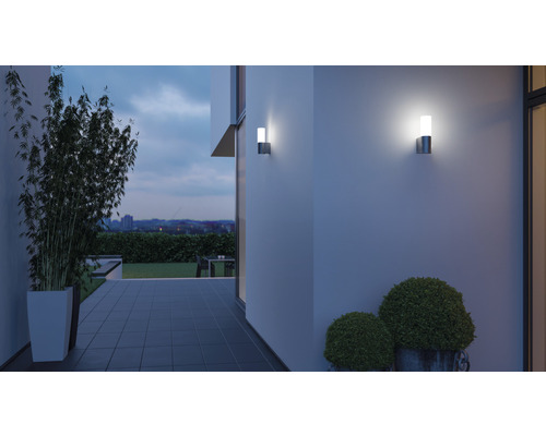 Exteriér s dvoma nástennými svietidlami, rastlinami a terasou