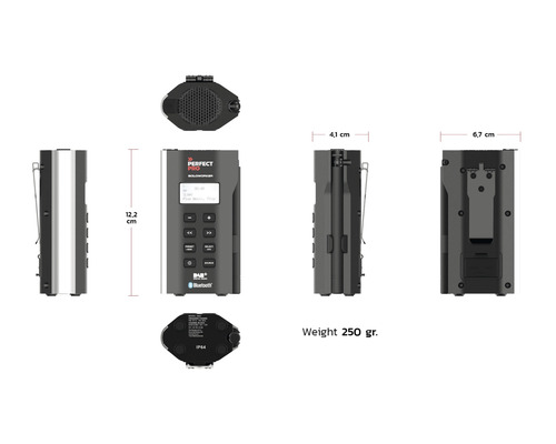 Stavebné rádio Perfectpro s Bluetooth a digitálnym rádiom, zobrazené rozmery a hmotnosť