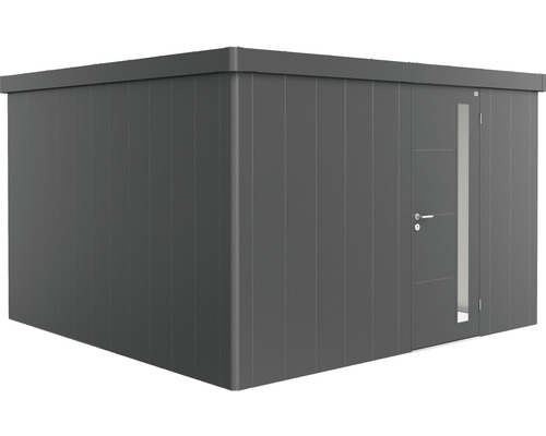 Plechový záhradný domček Biohort Neo 4D jednokrídlové dvere 338x338 cm tmavosivý metalický