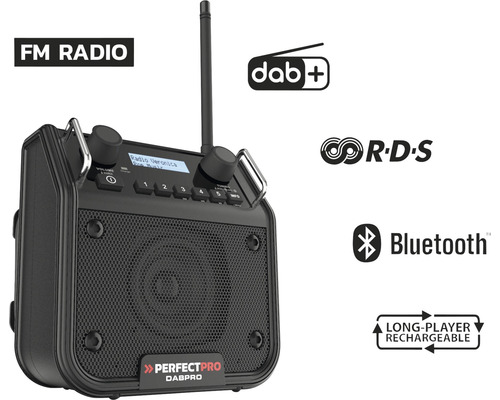 Stavebné rádio Perfectpro DABPRO s FM, DAB plus, RDS, Bluetooth a batériou