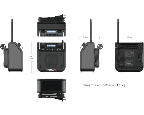 Stavebné rádio Perfectpro DABPRO s rozmermi 13 x 18 cm a hmotnosťou 1,5 kg bez batérií.